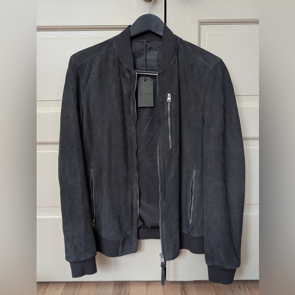 All Saints Men’s Kemble Suede Bomber Jacket (soot grey)